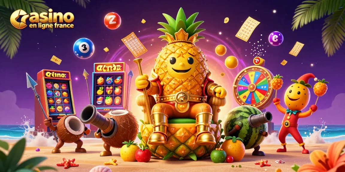 Jouer au casino en ligne France avec notre illustration colorée de personnages de jeu et éléments de loterie.
