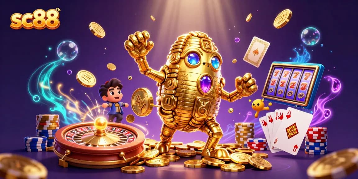 sc88 casino experience showcasing a golden golem with slot symbols, poker elements, and vibrant coins