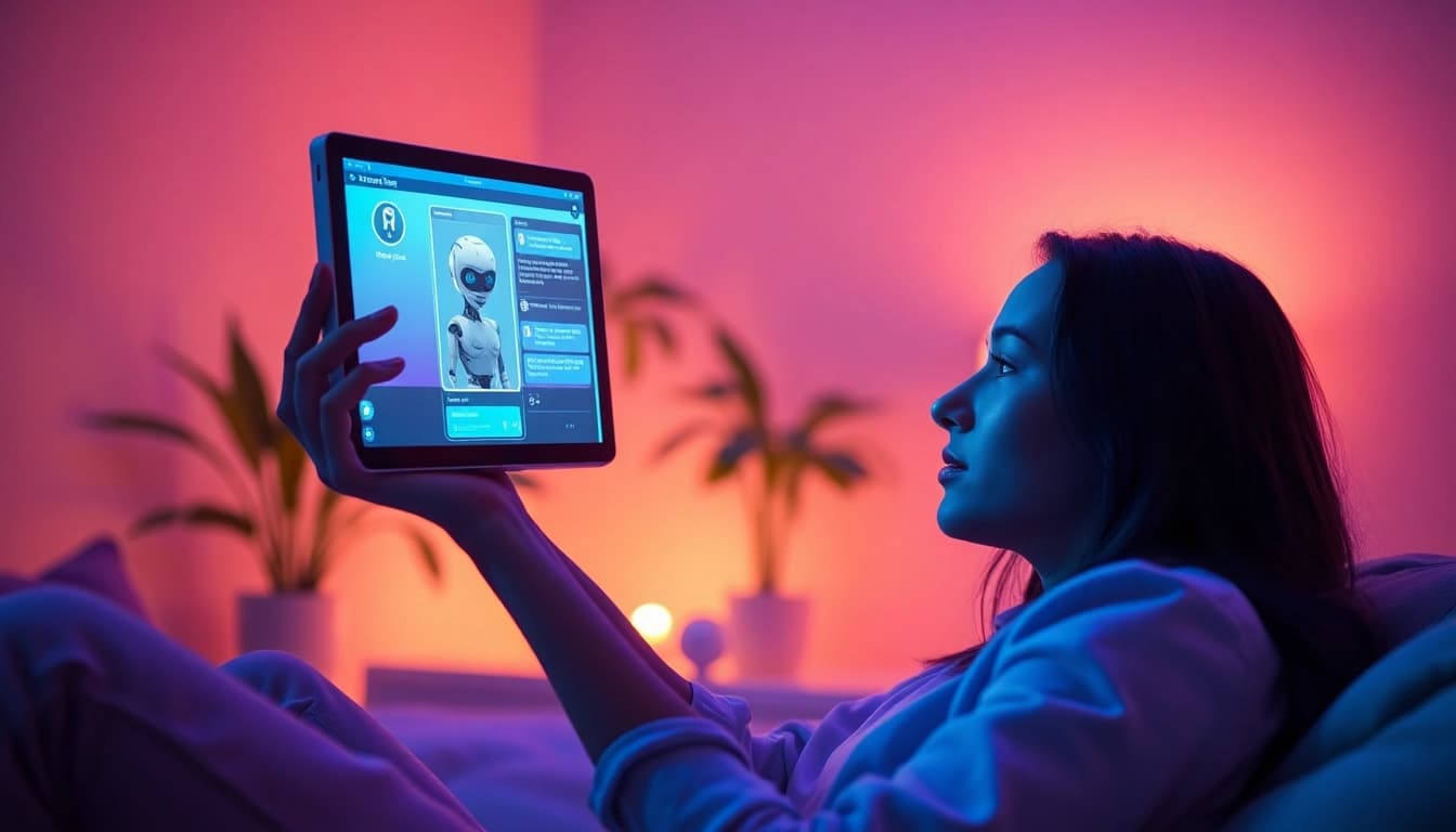Engaging with a realistic nsfw ai chatbot on a modern device in a cozy setting.