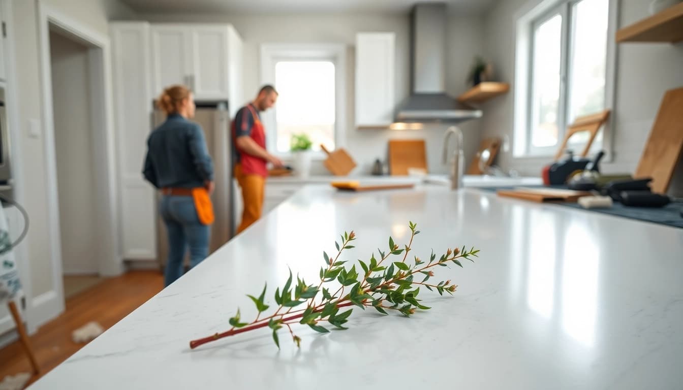 Home renovation professionals transforming a kitchen with modern cabinetry and tools.