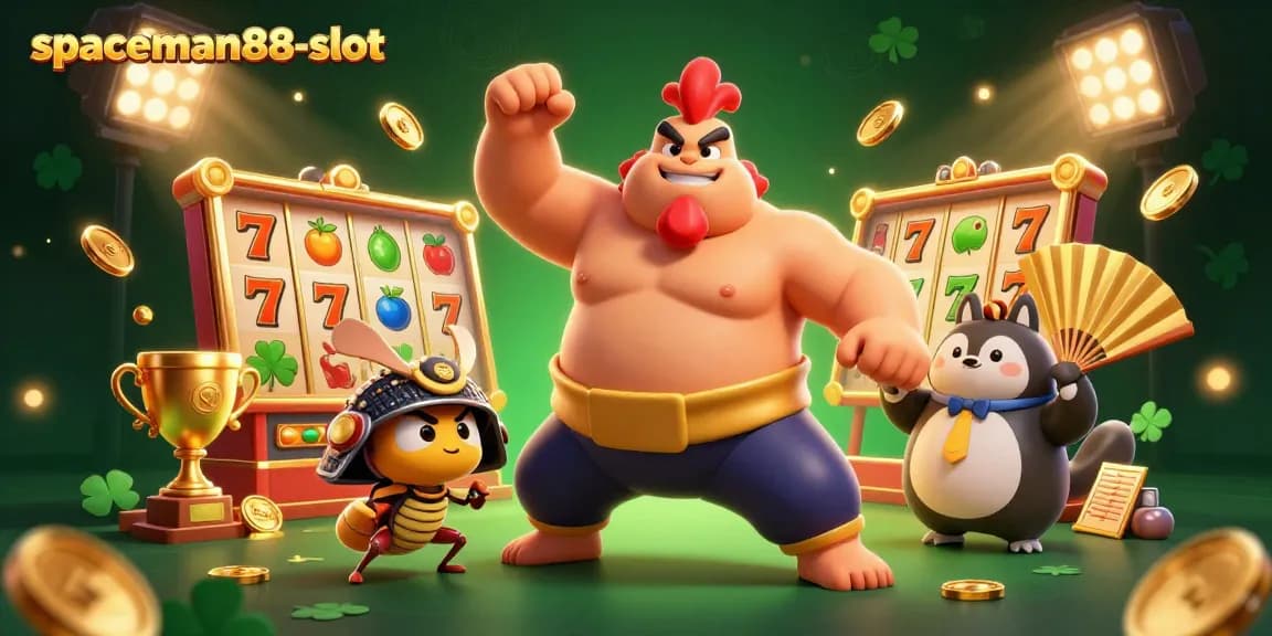 Spin the reels with spaceman88-slot in an action-packed casino scene featuring a sumo rooster, samurai cricket, and tanuki announcer.