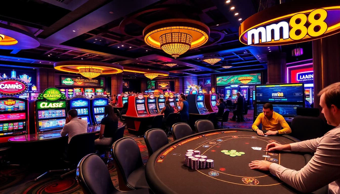 mm88 casino enthusiasts celebrating their winnings at a vibrant live poker table with colorful chips and cards.