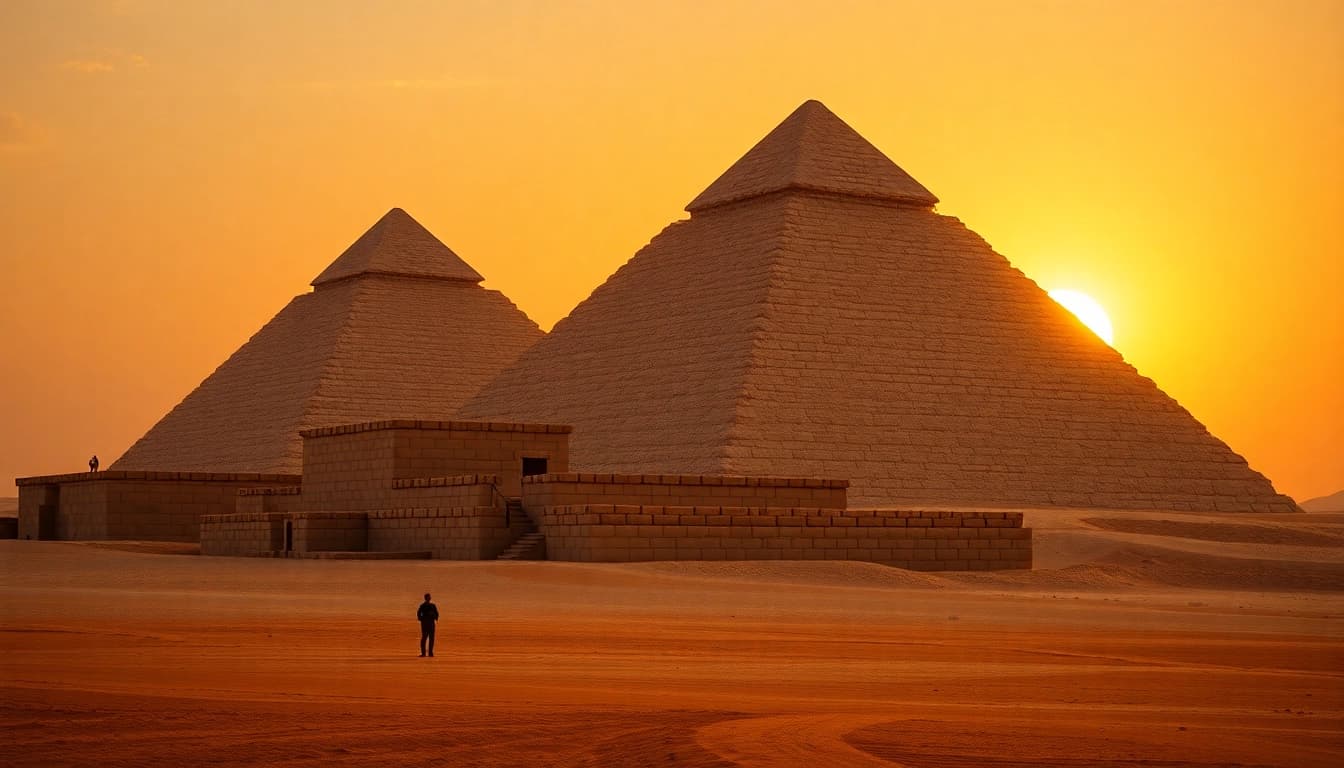 Pyraminds of Giza illuminated by sunset, showcasing their grandeur and intricate architecture.