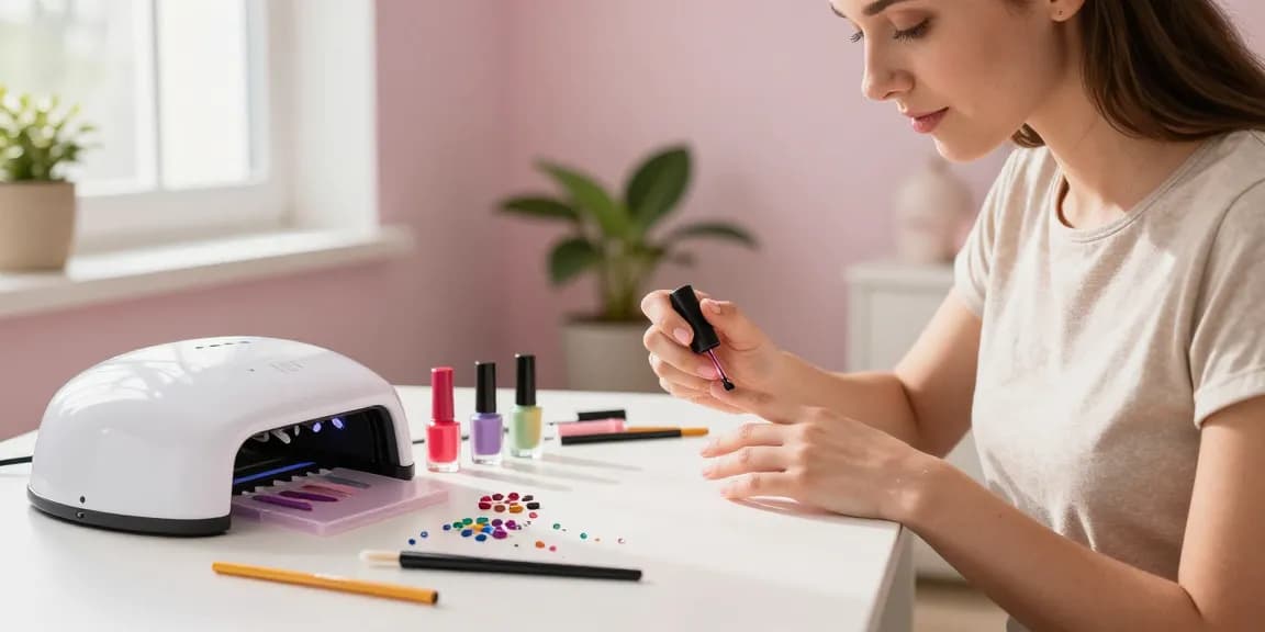 Femeie folosind un kit manichiura acasă pentru a aplica ojă acasă, materiale vibrante și lumină caldă creează o atmosferă de frumusețe.
