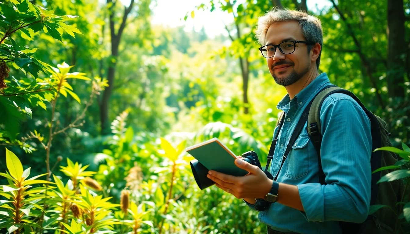 Capture the spirit of sustainability at https://www.unsustainablemagazine.com with a journalist in a lush forest.