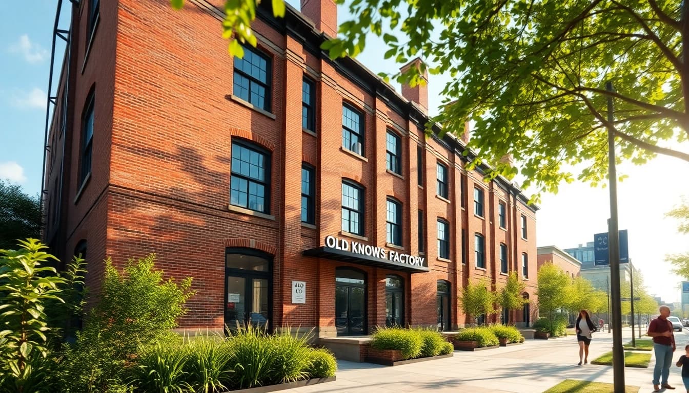 View of Old Knows Factory highlighting its historic architecture against a backdrop of greenery.