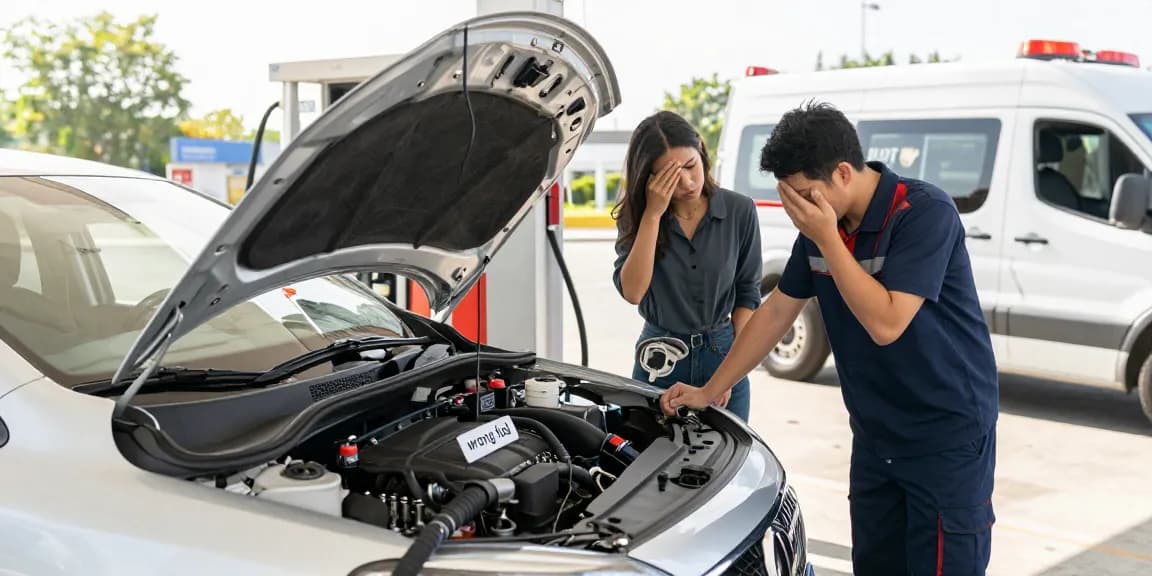 Technician addressing wrong fuel in car with tools at a fuel station.