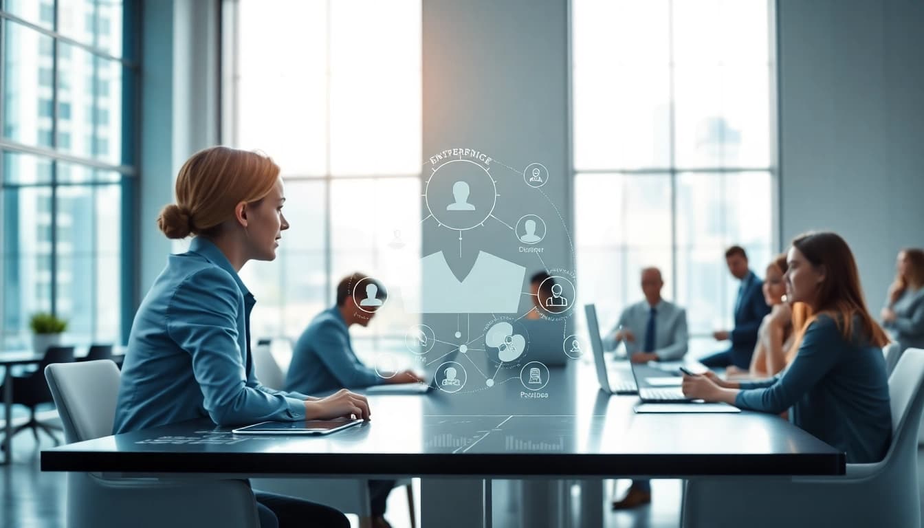 Engaging enterprise ai assistant on a digital platform facilitating teamwork in a modern office.