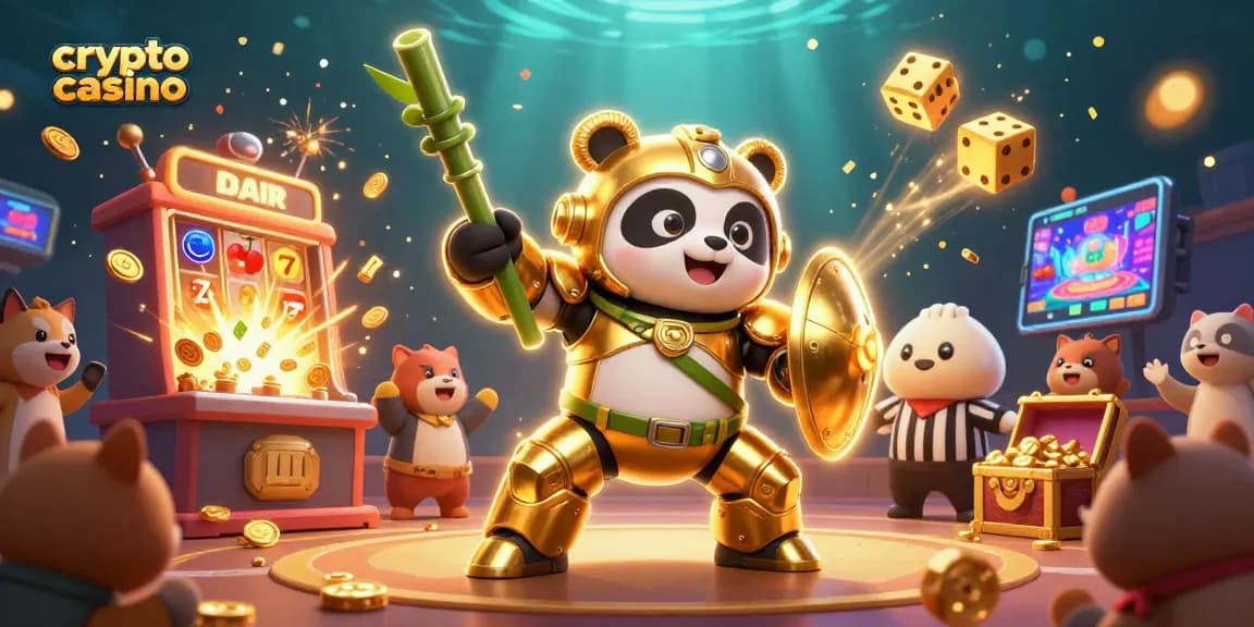 Le crypto casino moderne avec un panda d'or en armure pilotant un robot dans une ambiance festive.