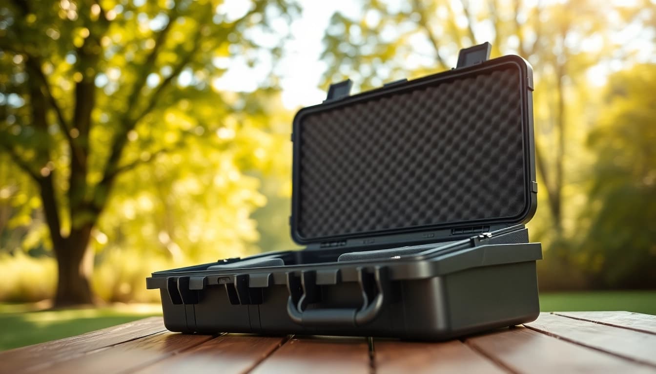 Showcase a pelican rifle case open, featuring its organized interior and rugged design.