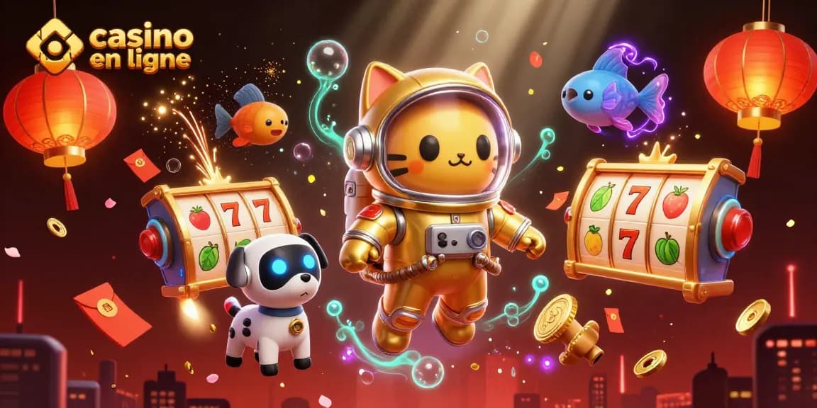 Illustration captivante pour un casino en ligne avec un chat astronaute et des jeux de machines à sous.
