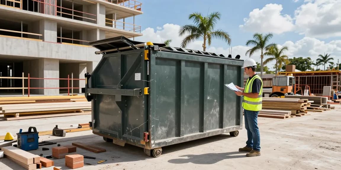 Contractor at construction site using dumpster rental in Miami FL for efficient waste management