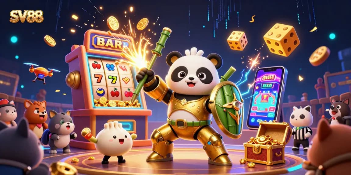 Experience vibrant SV88 casino action with golden panda, robot, and exciting slot elements.
