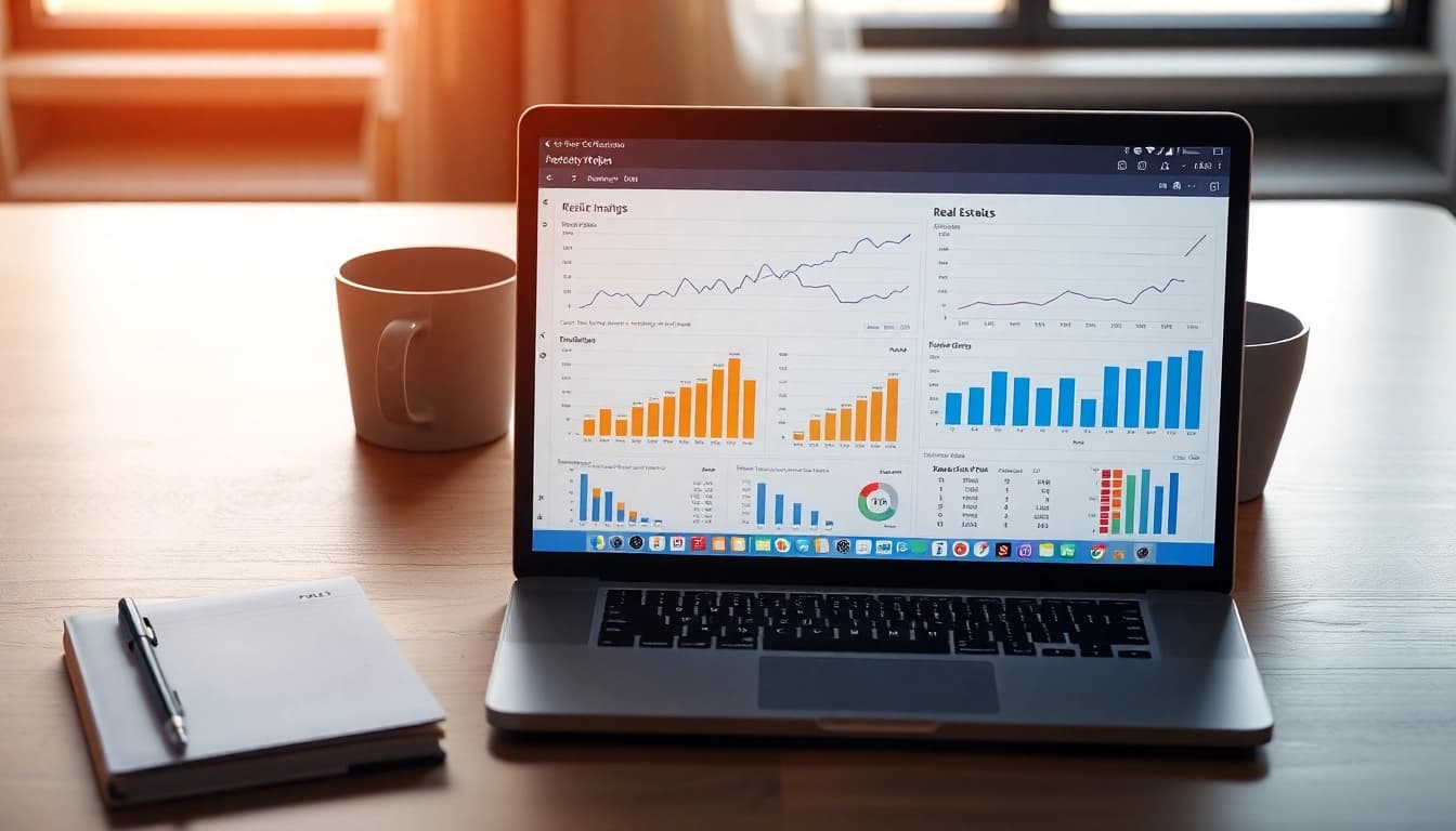 Analyze real estate analytics data on a laptop while enjoying a professional workspace.