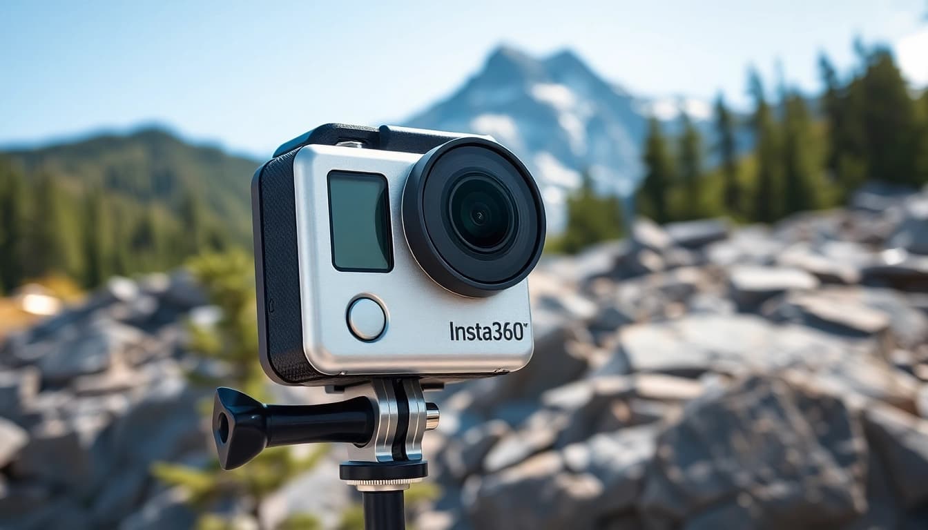 Showcase of the Insta360 X5 camera in a scenic outdoor setting with clear blue skies.