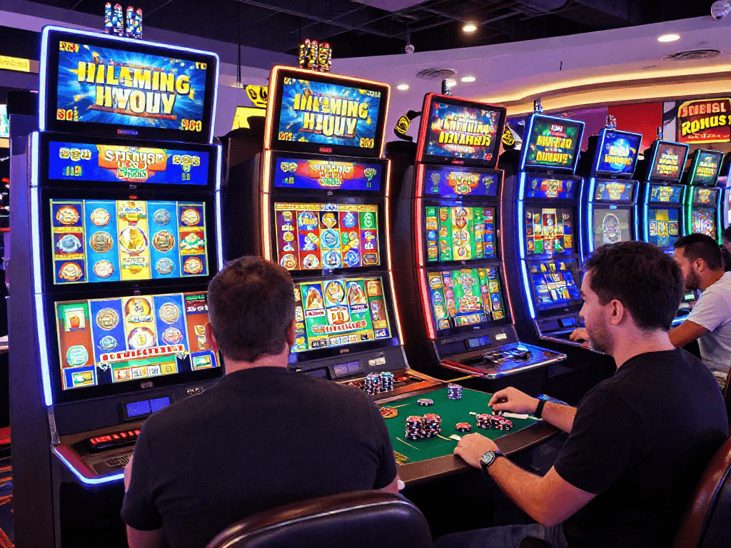 Players enjoying slots where you can buy bonus features in a lively online casino atmosphere.