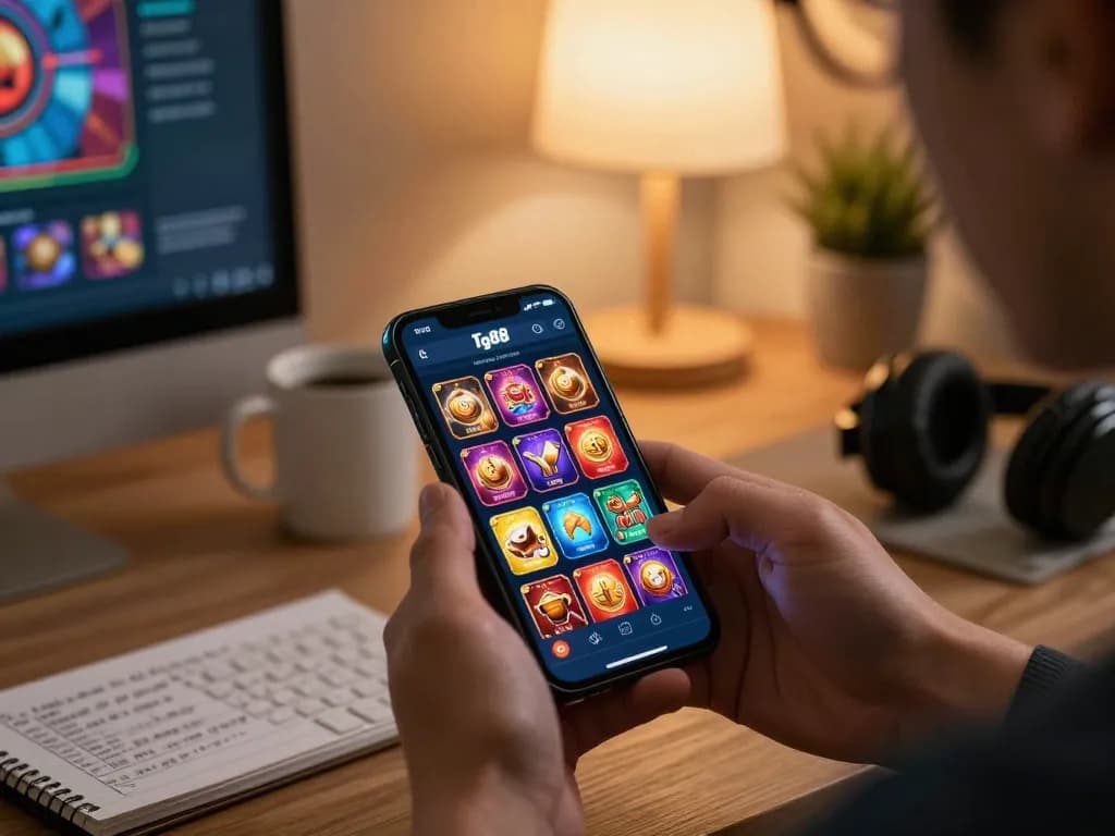 Engaging gaming experience on the tg88 casino app with a user focused on their smartphone
