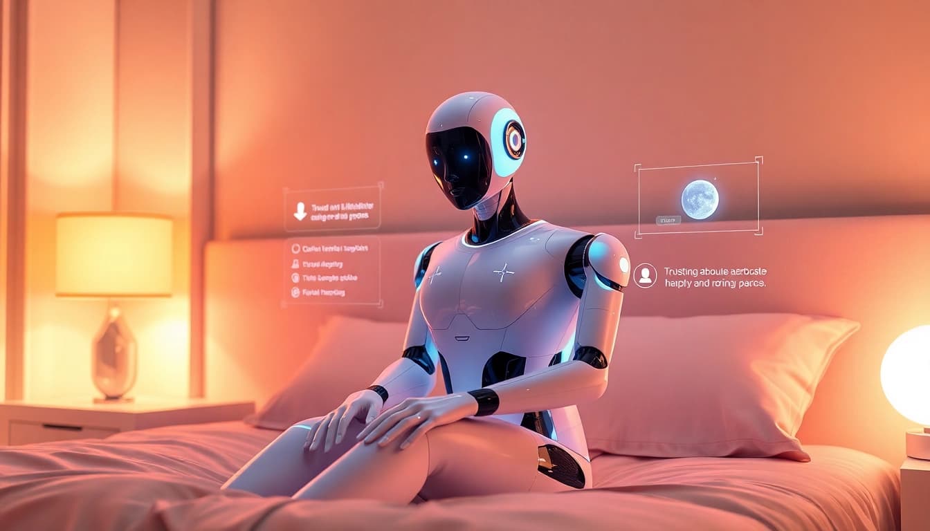 AI sex companion in a modern bedroom, showcasing innovative technology and intimacy