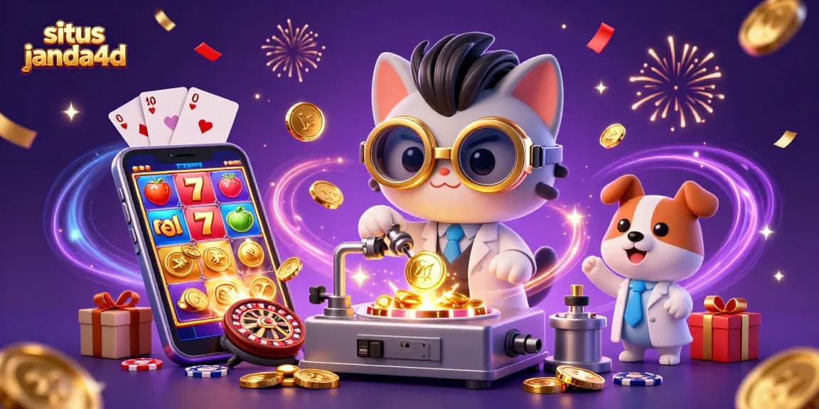 Menggandakan koin emas dalam permainan kasino di situs janda4d dengan slot colorful yang berputar.