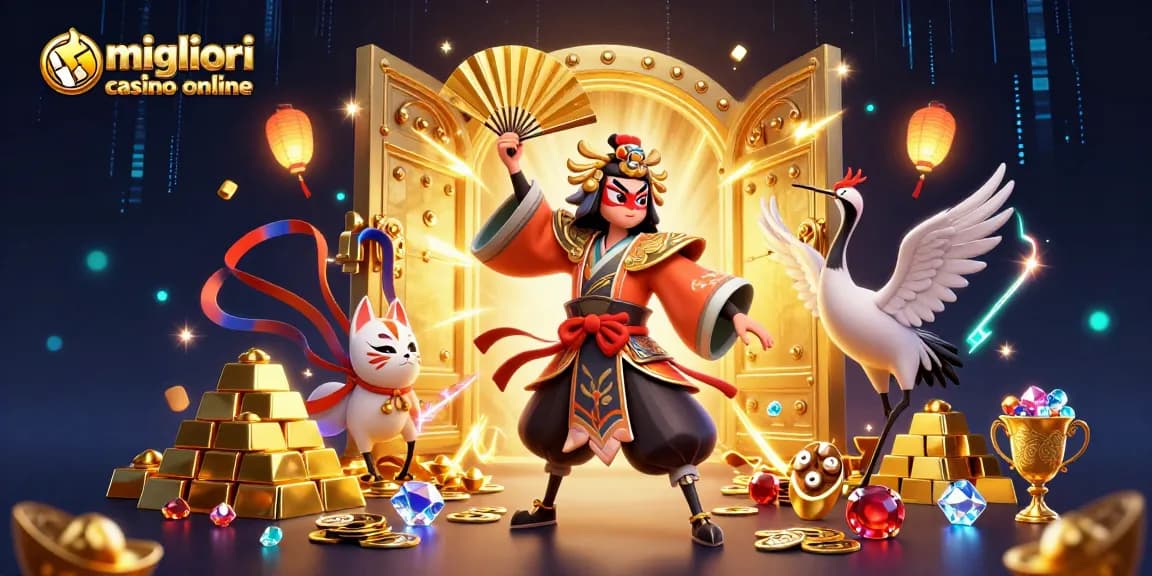 Scopri i migliori casino online attraverso un'illustrazione vibrante e coinvolgente con elementi di gioco e premi straordinari.