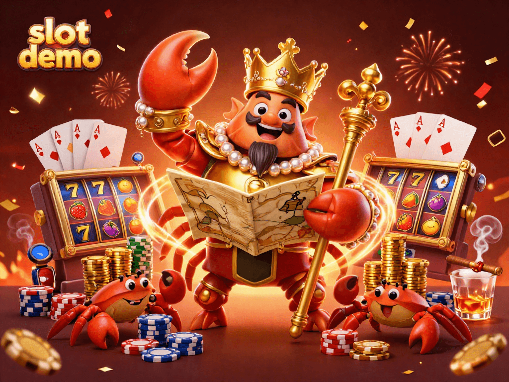 Experience thrilling slot demo action with a majestic crab emperor amidst vibrant casino elements.