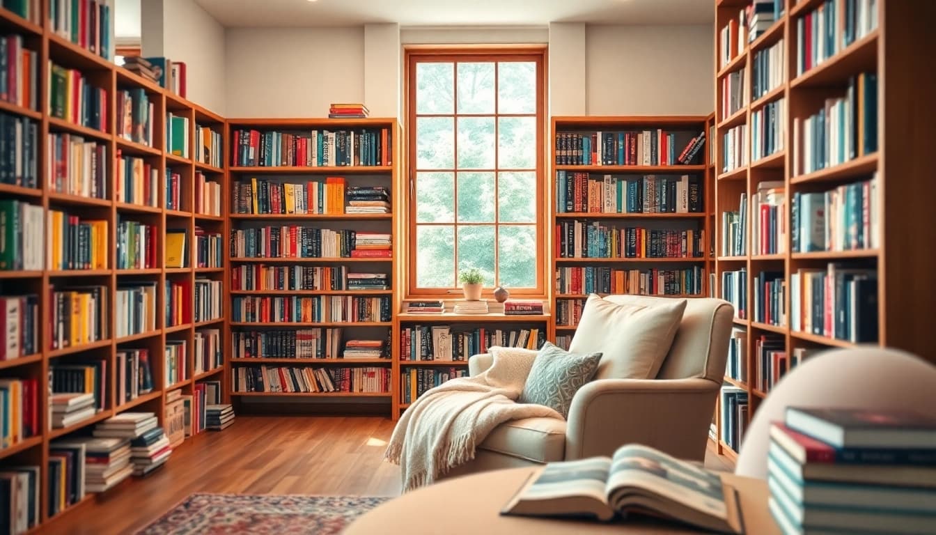 Discover the inviting Booklab setup with cozy reading nook, inviting book shelves, and warm atmosphere.
