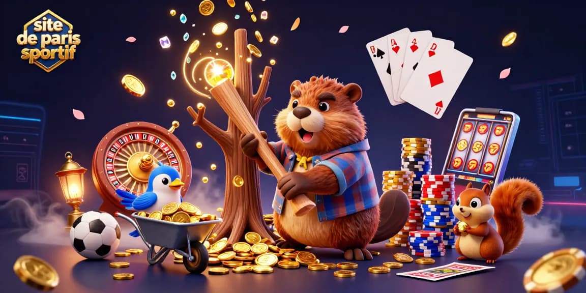 Illustrez le site de paris sportif avec un castor et ses amis sous une pluie de pièces d'or.