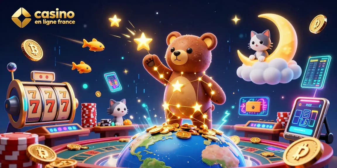 Illustration dynamique d'un casino en ligne France avec un ours constellation et des jetons de poker