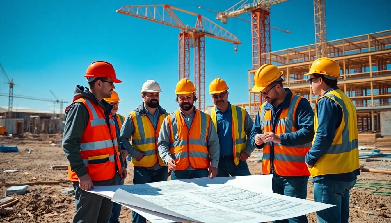 Team of workers at a construction site illustrating the construction association wyoming in action.
