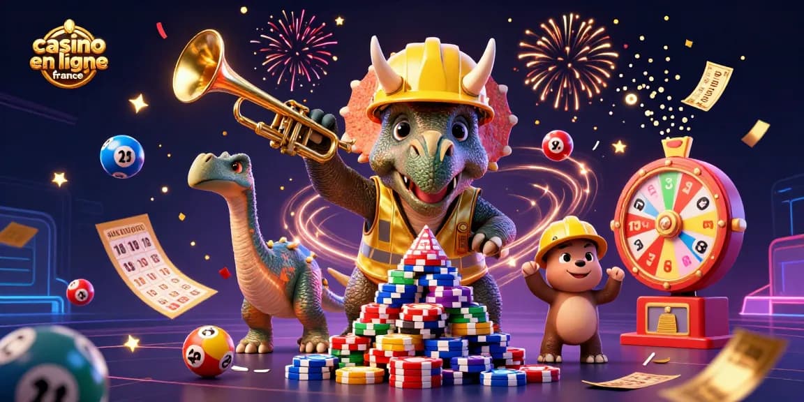 Profitez de l'excitation d'un casino en ligne France avec un triceratops et une célébration joyeuse.