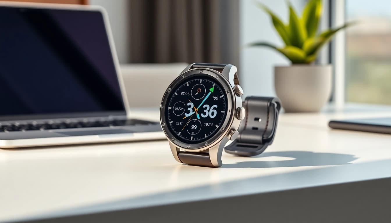 Showcasing the sleek design of Ringconn smartwatch with digital interface on a modern desk.
