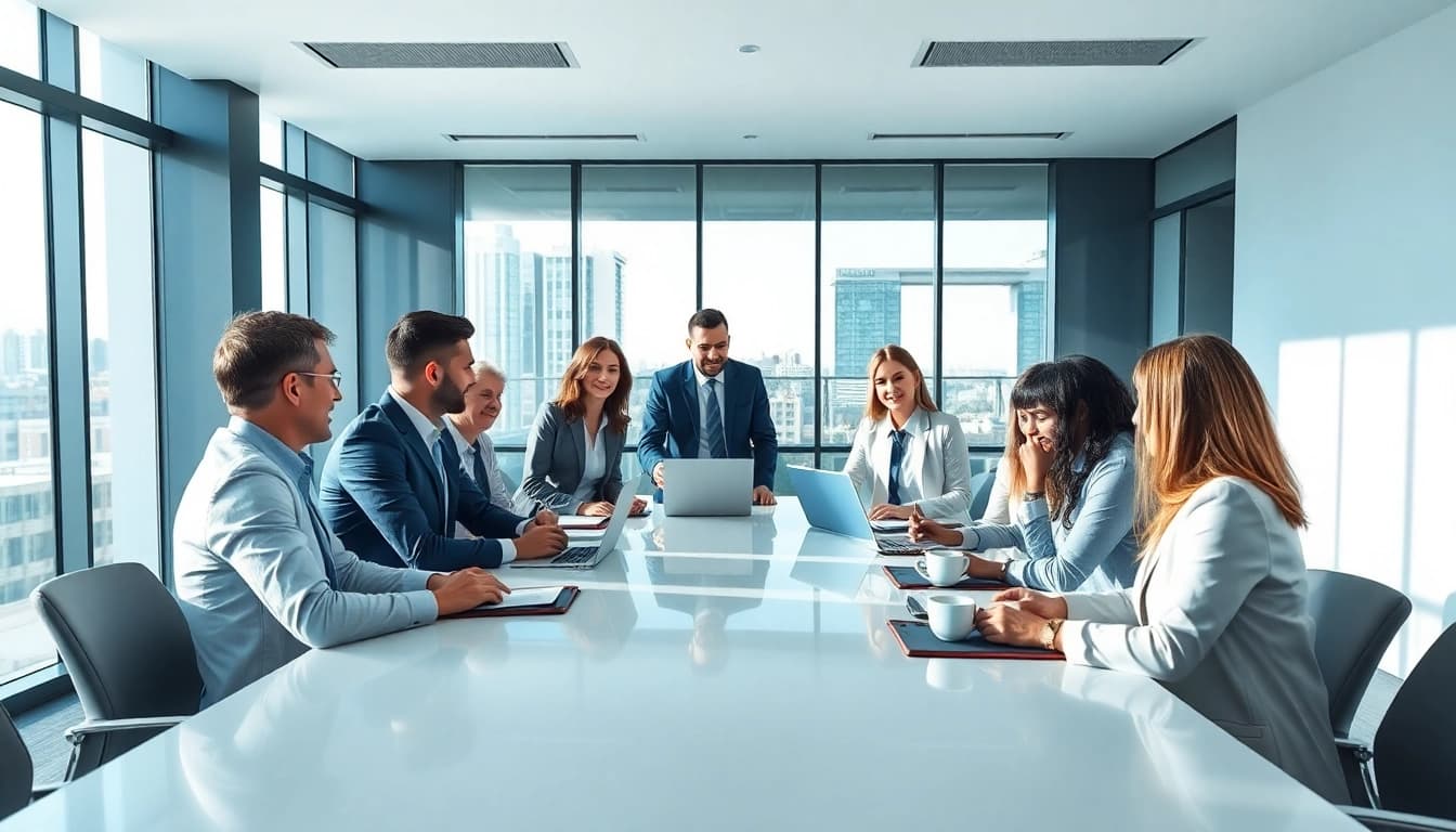 Business professionals collaborating in a modern office setting during a productive meeting.