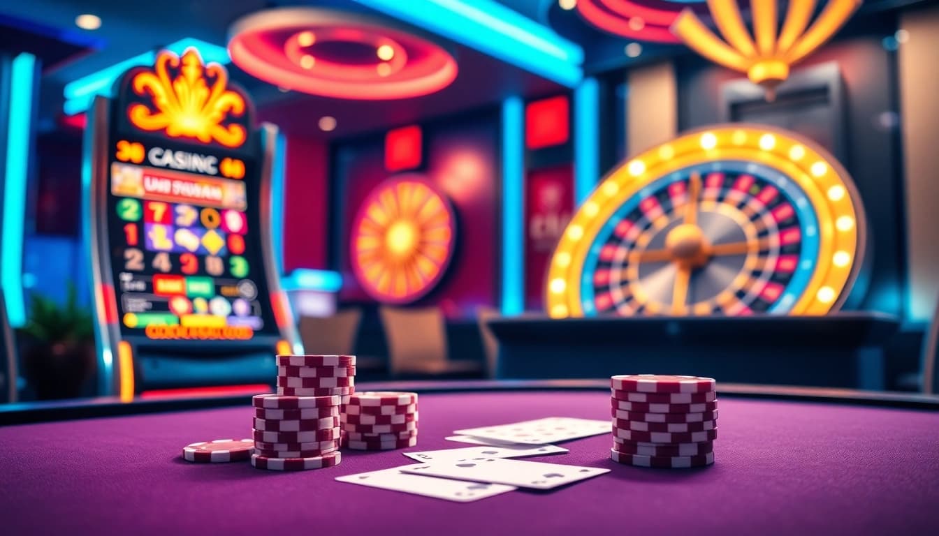 Un casino en ligne dynamique présentant des tables de poker, des machines à sous et de la roulette, capturant l'excitation des jeux d'argent en ligne.