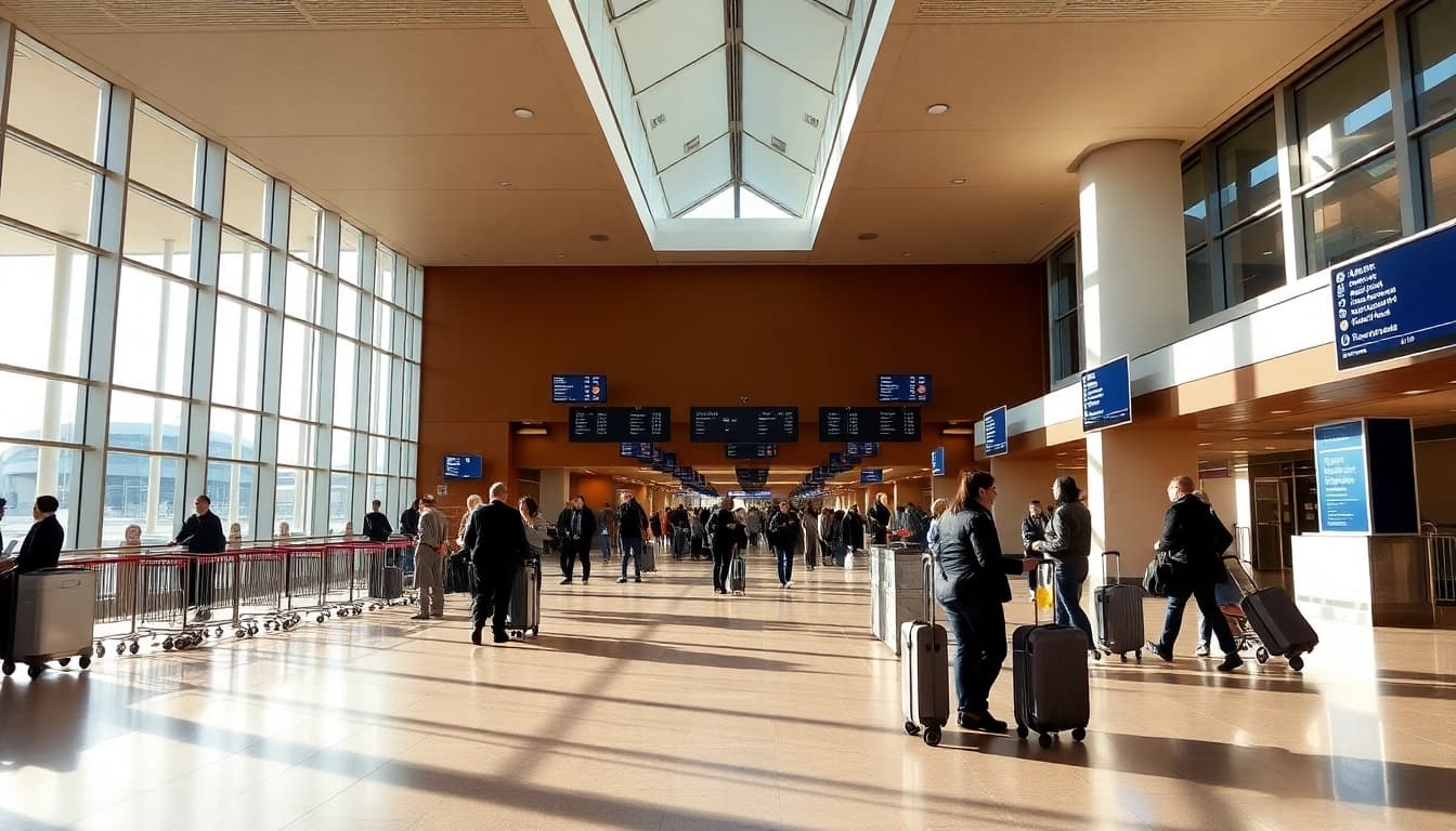 Busy scene at Liverpool Airport showcasing travelers checking in and digital flight displays.