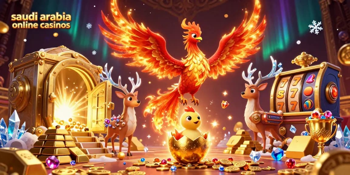 Engage with saudi arabia online casinos in a vibrant 3D scene showcasing a phoenix and treasure.