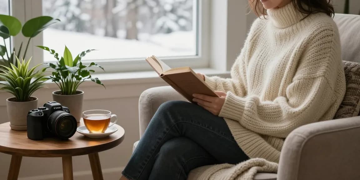 Cozy indoor scene showcasing wool sweaters being worn during winter, with a person reading in a warm living room.