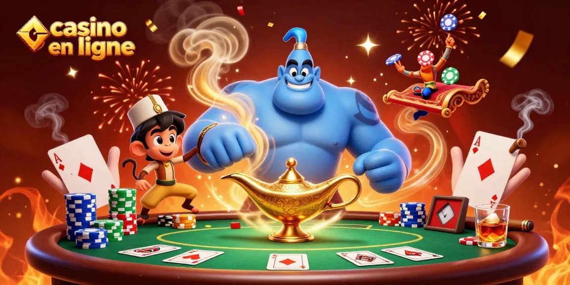 Une scène de casino en ligne avec un génie, un singe et un tapis volant remplis de jetons.