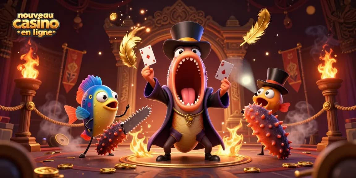 Illustration dynamique d'un nouveau casino en ligne avec des personnages marins et des éléments de jeu captivants.