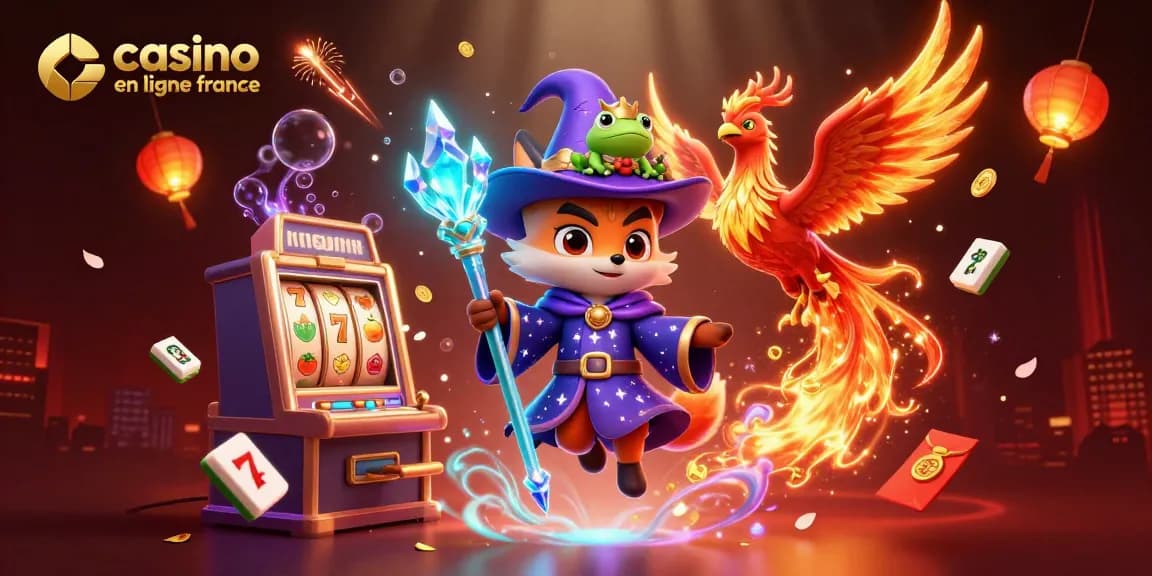 Plongez dans l'univers du casino en ligne France avec un magicien fantastique, un phoenix flamboyant et des machines à sous en action.