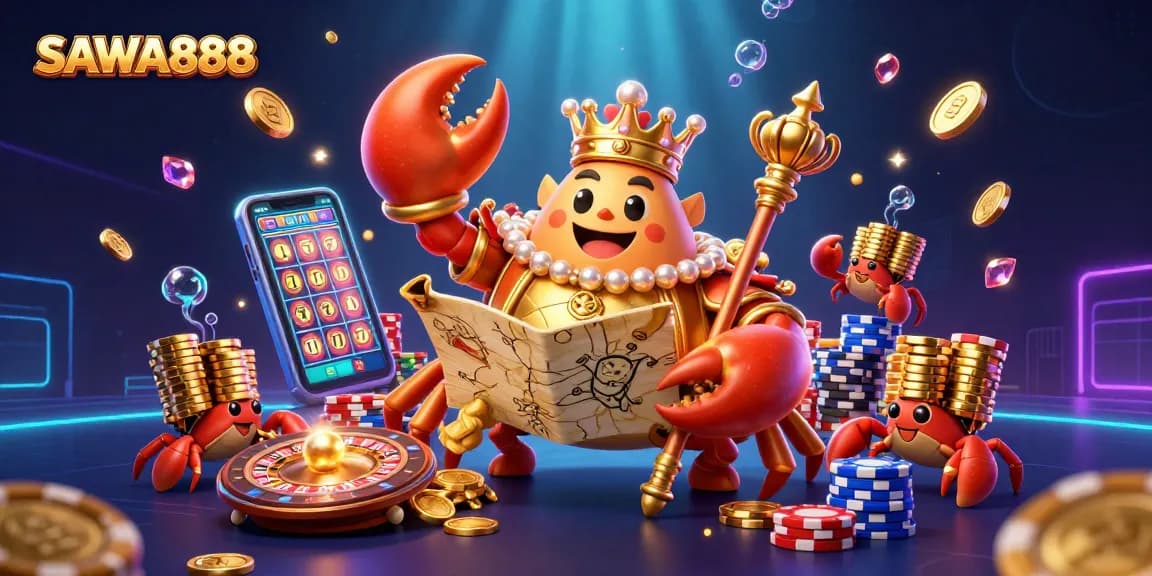 Experience winning moments with SAWA888's golden crab emperor amidst a vibrant casino scene.