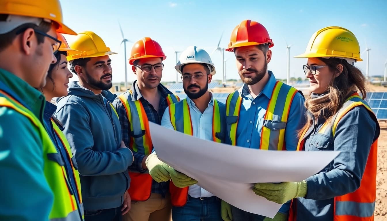 Team collaborating in skilled labor for energy sector with safety gear and energy projects in background.