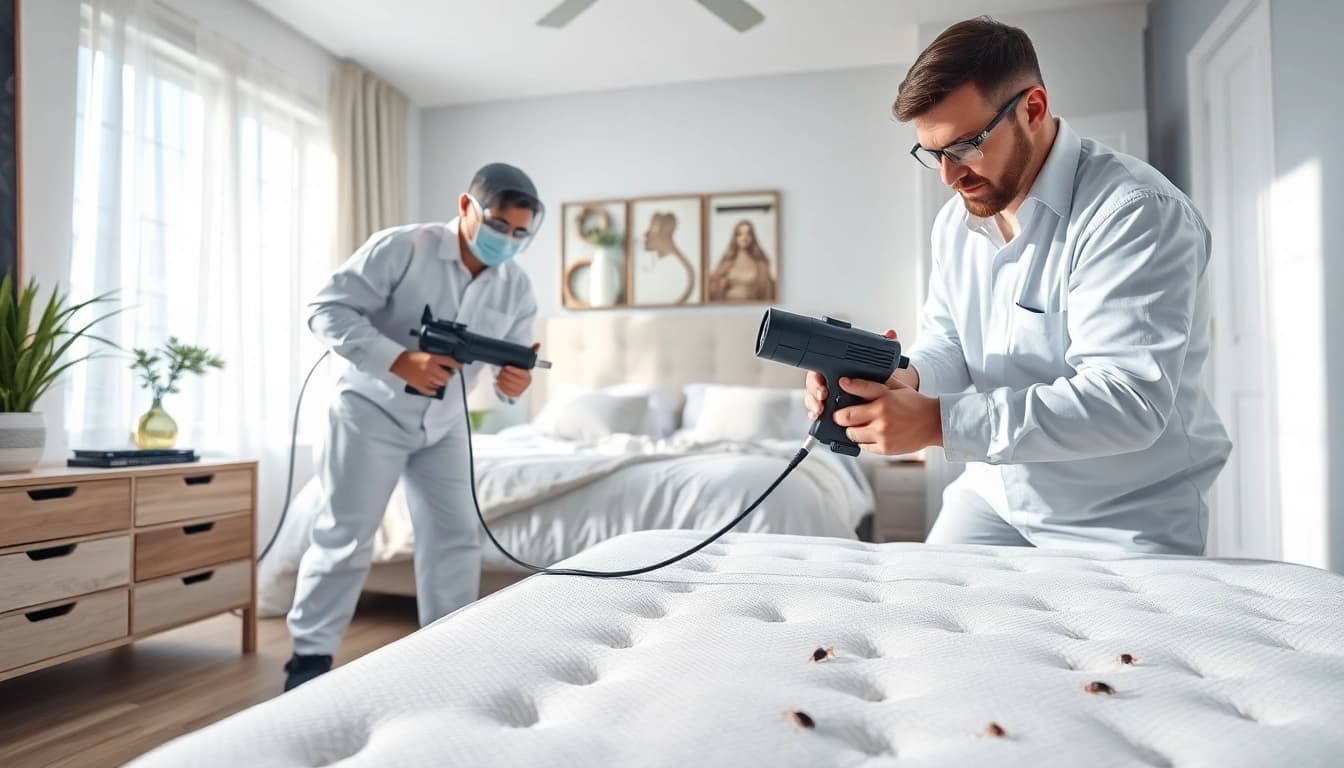 Efficient bed bug exterminators performing an effective pest control treatment in a clean bedroom.