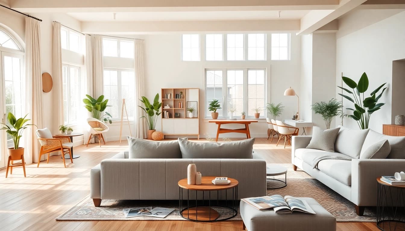 Revamped living room showcasing home renovation with modern decor and warm lighting.