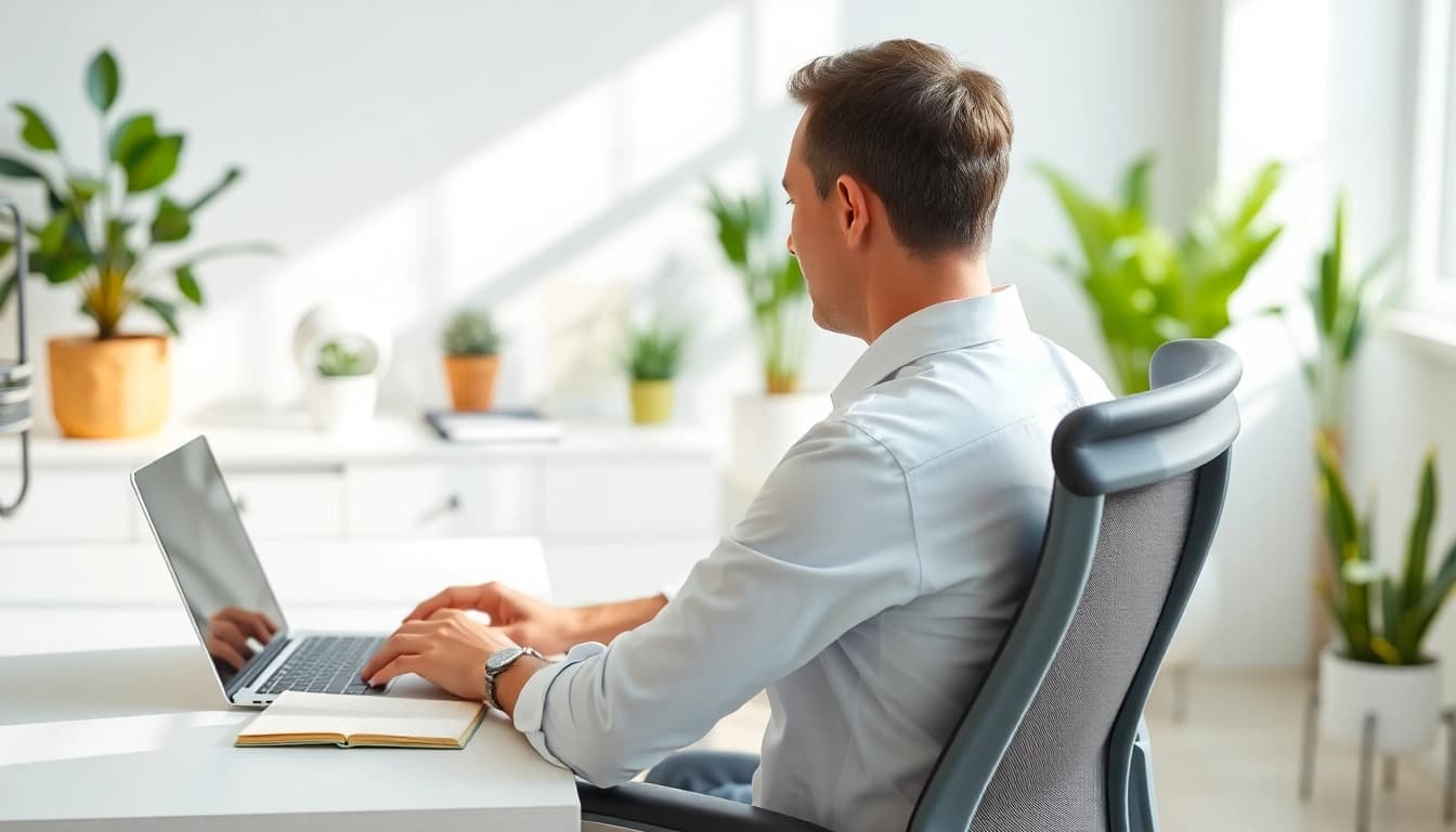 Enhance your posture support with ergonomic workspace setup showing a professional at a desk.