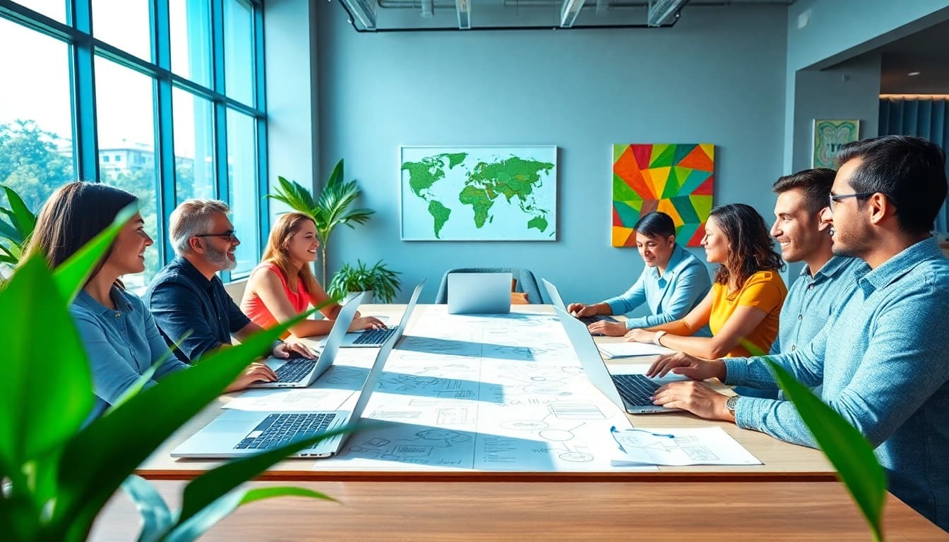 Collaborative workspace at https://whocanonline.com with diverse team innovation.
