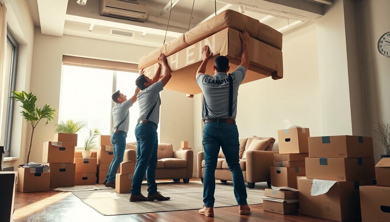 Movers efficiently relocating furniture amidst packing materials in an urban setting.