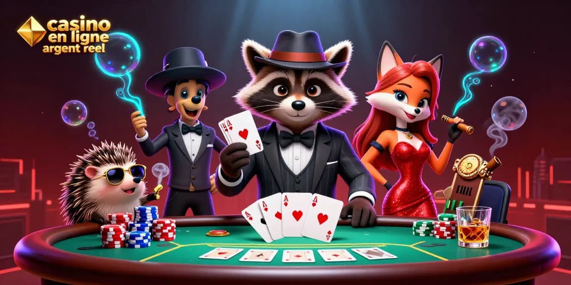 Jouez au casino en ligne argent réel avec une illustration dynamique de personnages et éléments de jeu captivants.