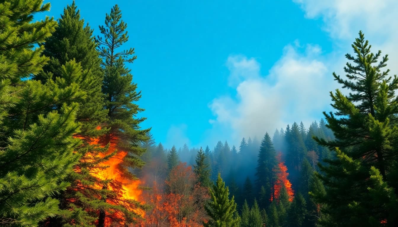Witness the dynamic wildfire events shaping the forest, illustrating nature's cycle.