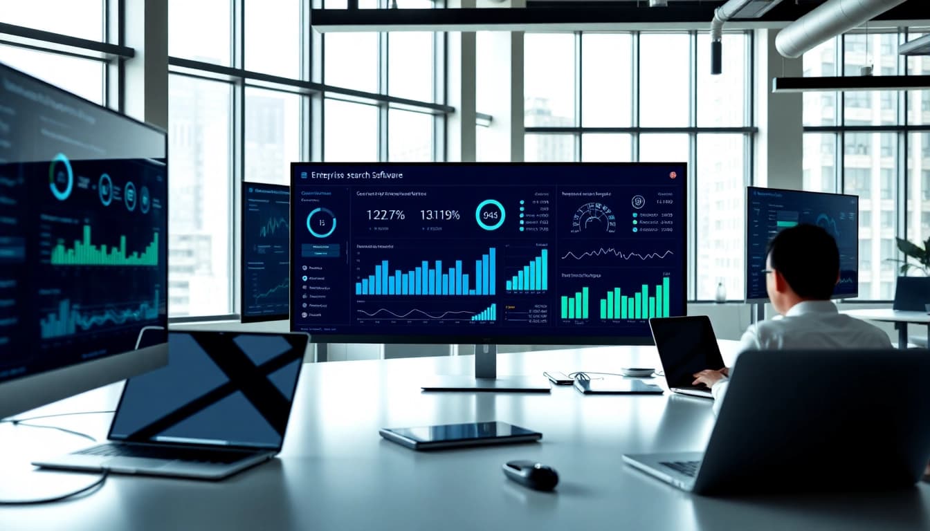 Analyze data with enterprise search software on modern office screens showcasing analytics.
