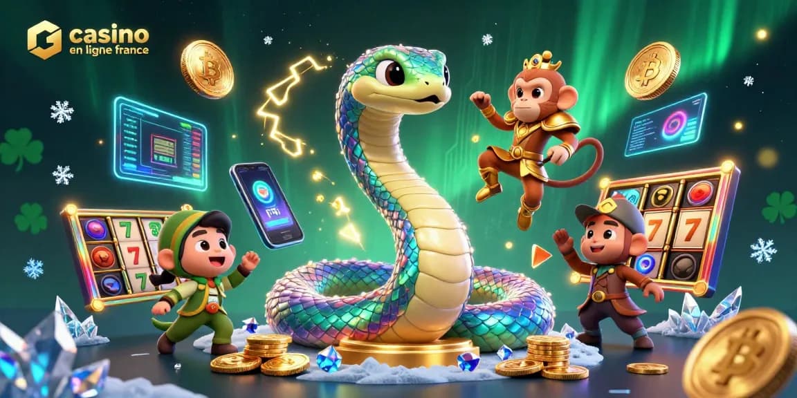 Visualisez les aventures du casino en ligne France avec des éléments colorés et dynamiques, un serpent et un roi singe.